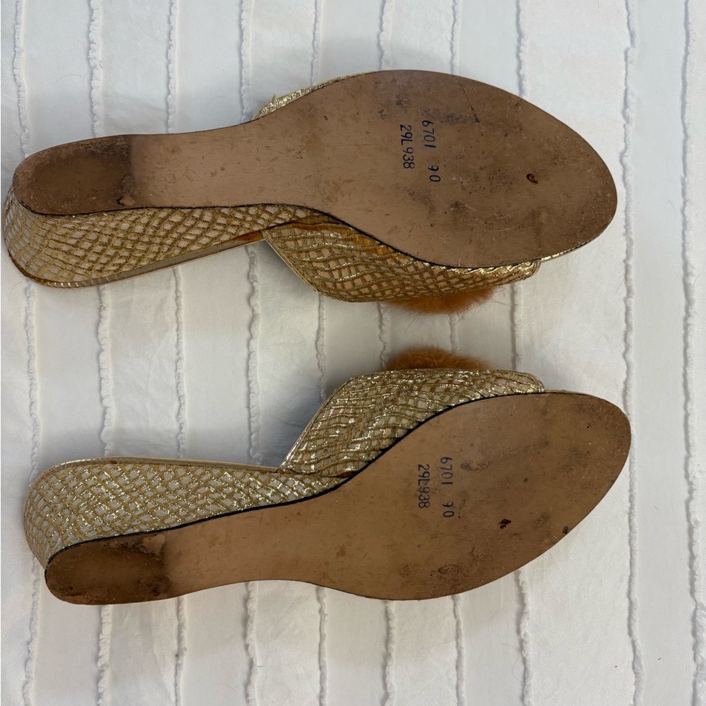 Elegant Gold Women's Slide Sandals with Faux Fur Pom - Picture 7 of 7